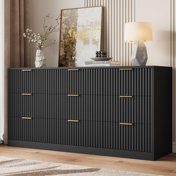 9 Drawer Dresser, 63" Wide Fluted Wood Dresser, Black