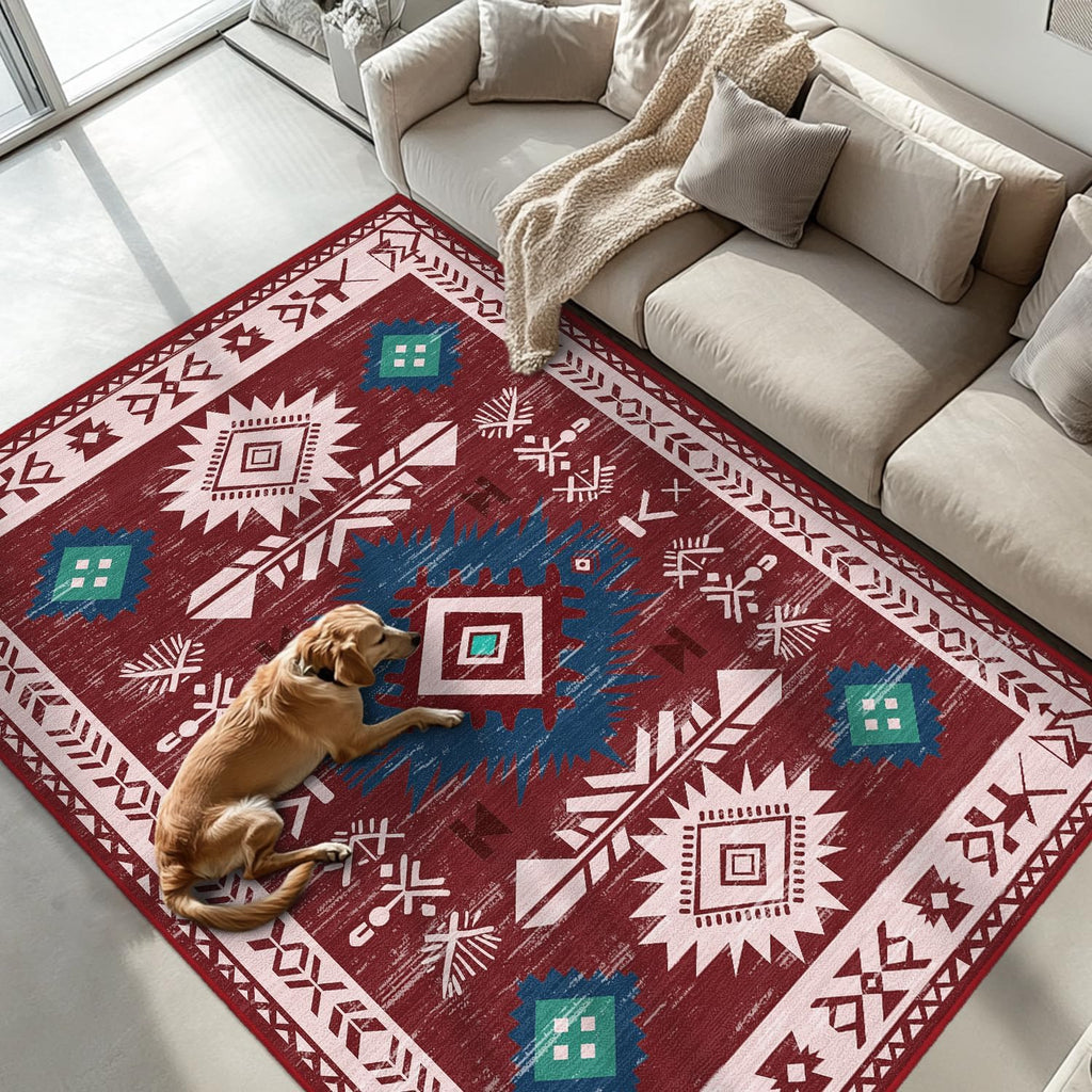 Western Rugs Non Slip, Southwestern Area Rugs Kitchen Bedroom Nursery, Washable Rubber Backing, Aztec Red