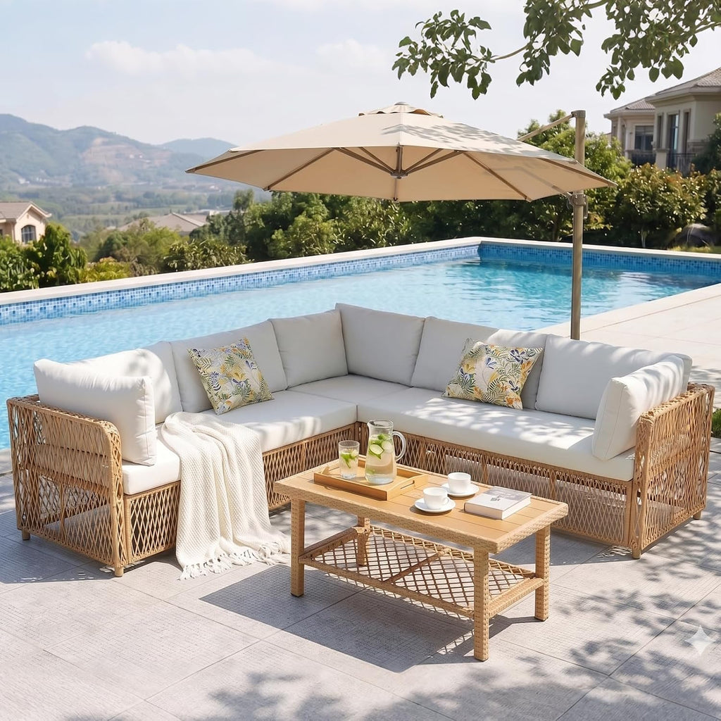 Patio Sectional Furniture Set with Waterproof Cover, Oversized Wicker Outdoor Furniture Set w/Water-Resistant Fabric