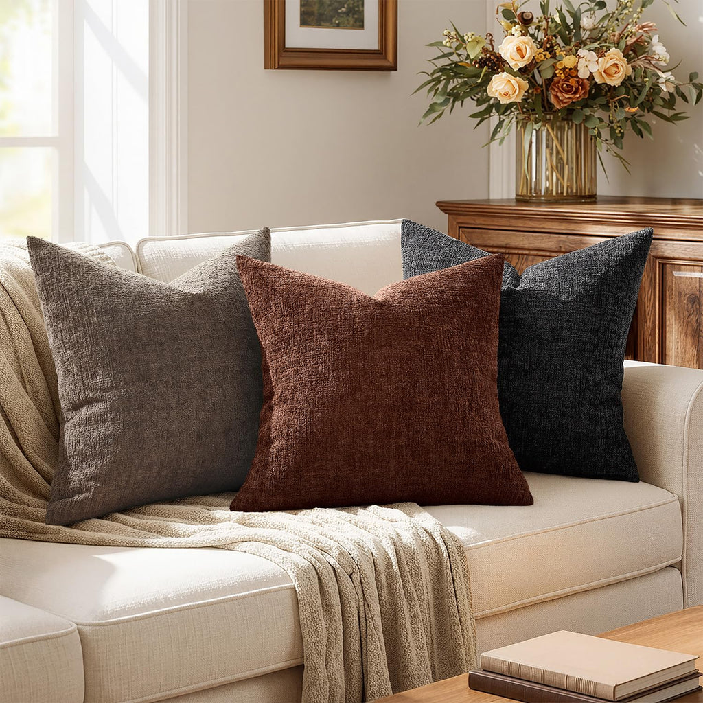 Fall Couch Pillow Covers Textured Chenille 12x20 Taupe
