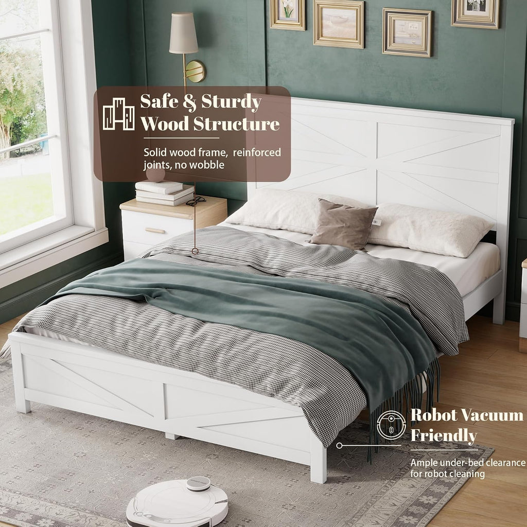 Farmhouse Queen Platform Bed Frame with Headboard and Footboard, Pinewood Bed Platform with Slat Support, No Box