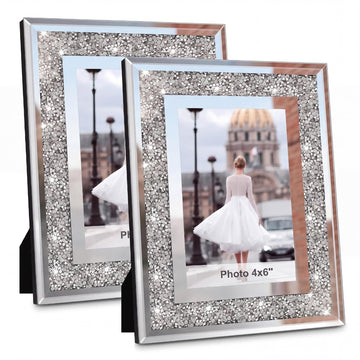 4x6 Picture Frame Glass Crushed Diamond Sparkle Photo Frames 2 Pack, Crystal Silver Mirror Frame Decor, Wedding Gift