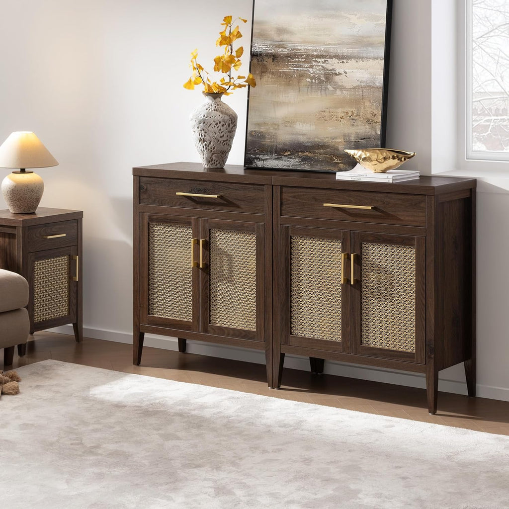 60" Farmhouse Buffet Cabinet with Metal Mesh Doors, Modern Sideboard Credenza with Drawers