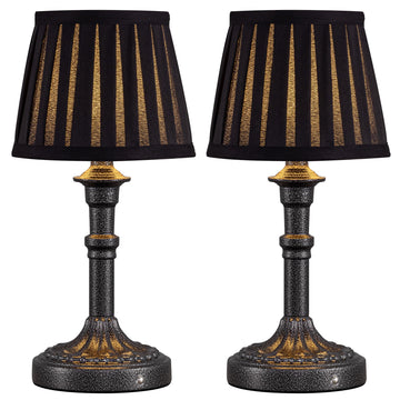 Mottled Silver Cordless Table Lamps Set of 2, Black Fabric Shade Light
