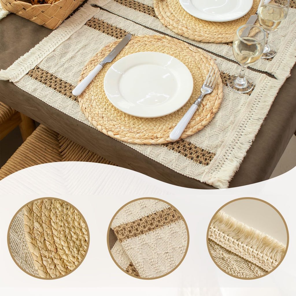 Boho Table Runner & 6-Piece Woven Placemats Set - Natural Cotton Burlap & Water Straw Combination, Bohemian Dining - Set of 6