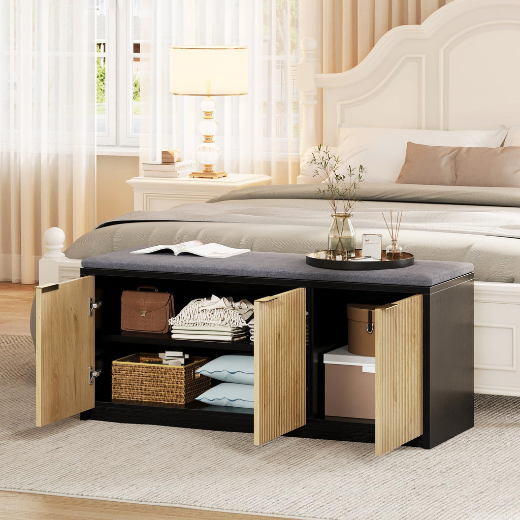 2-Tier Shoe Storage Bench with 3 Doors & Adjustable Shelf, Removable Padded Seat Cushion, 41.3" Entryway Bench - Wood