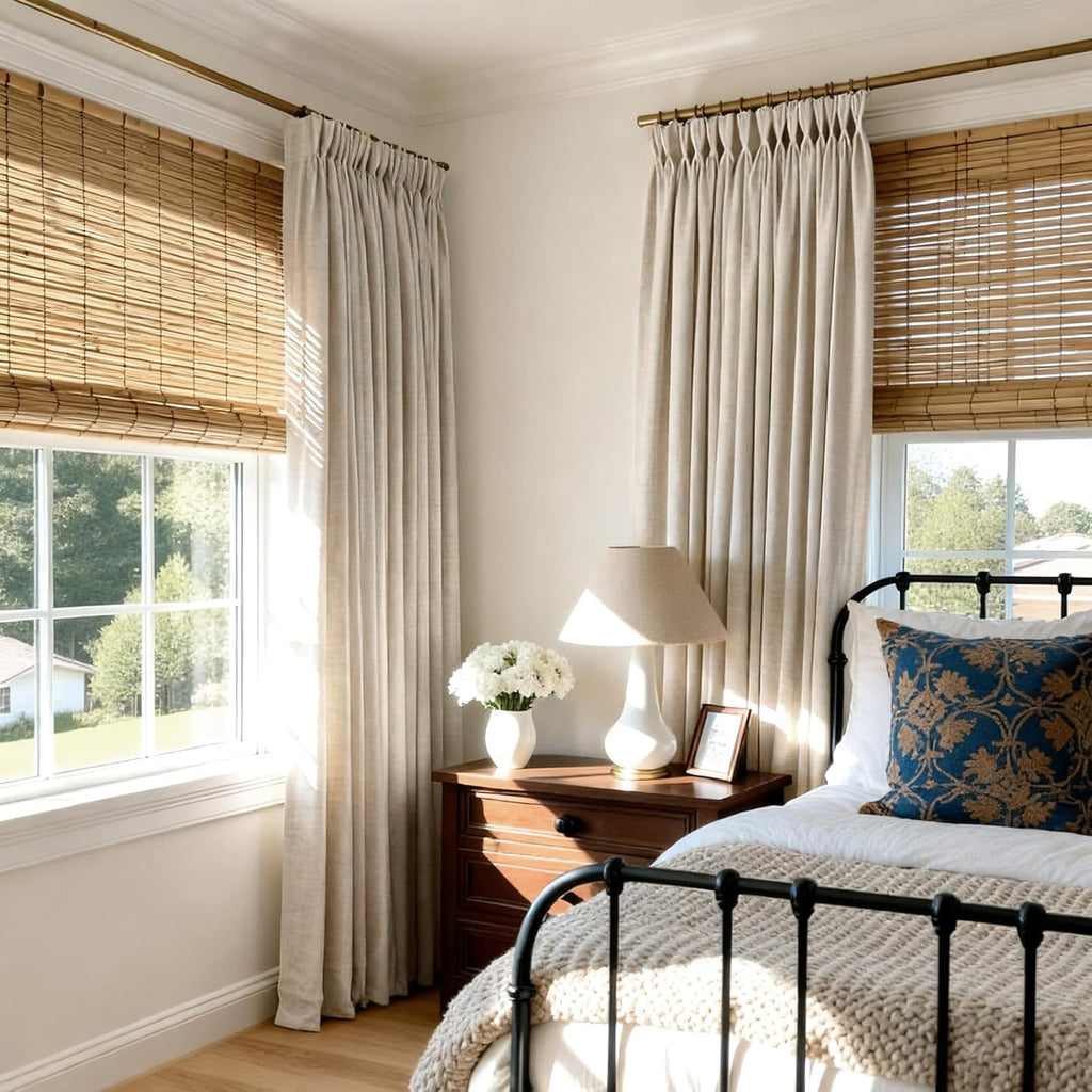 Natural Linen Pinch Pleated Curtains Blackout, 100% Black Out Curtains 96 inch Long, Blackout Thermal Insulated Pinch