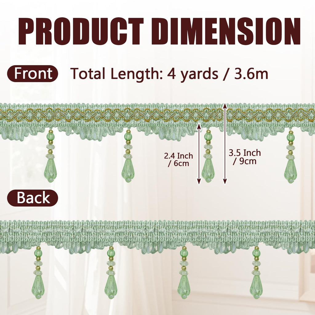 Green Beaded Fringe Trim, 4 Yard, 3.5 Inch Wide