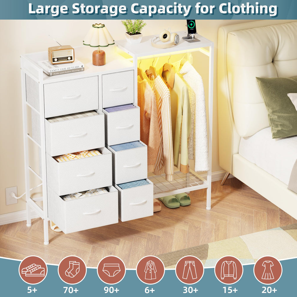 8-Drawer with Hanging Rack, White, 11.8"D