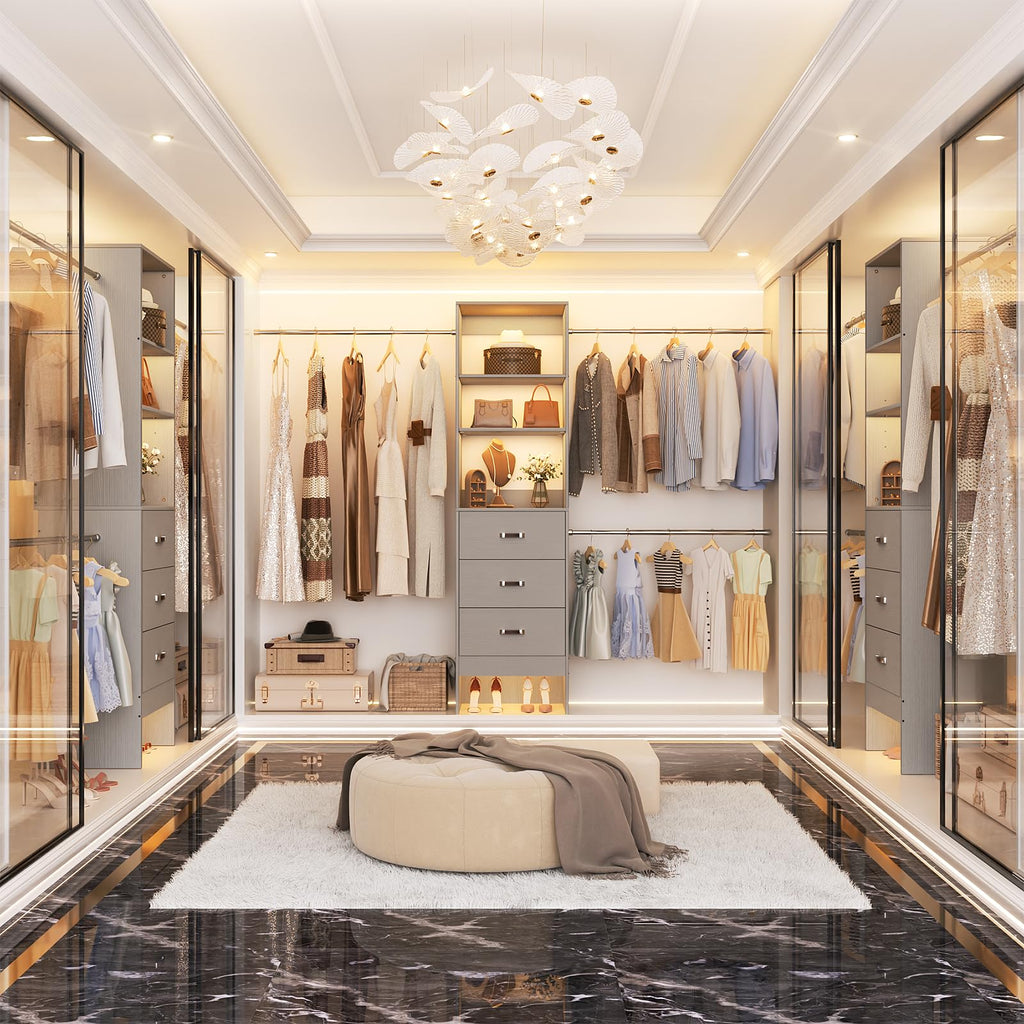 96'' Closet Organizer System with 3 Hanging Rods, 8FT Closet Organizers and Storage with 3 Wooden Drawers, Built in