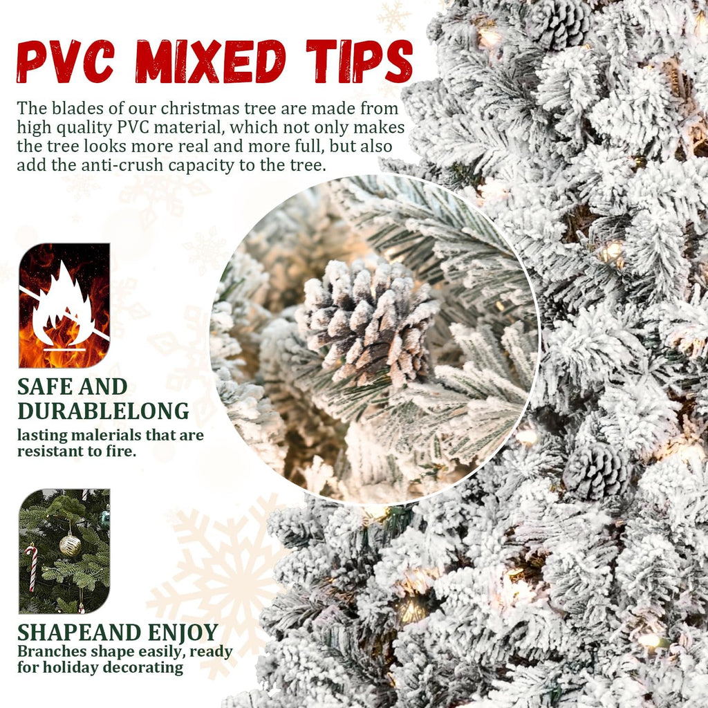 Prelit Artificial Christmas Tree with 300 UL Warm White Lighting, Snow Flocked and Fluffy PVC Branches