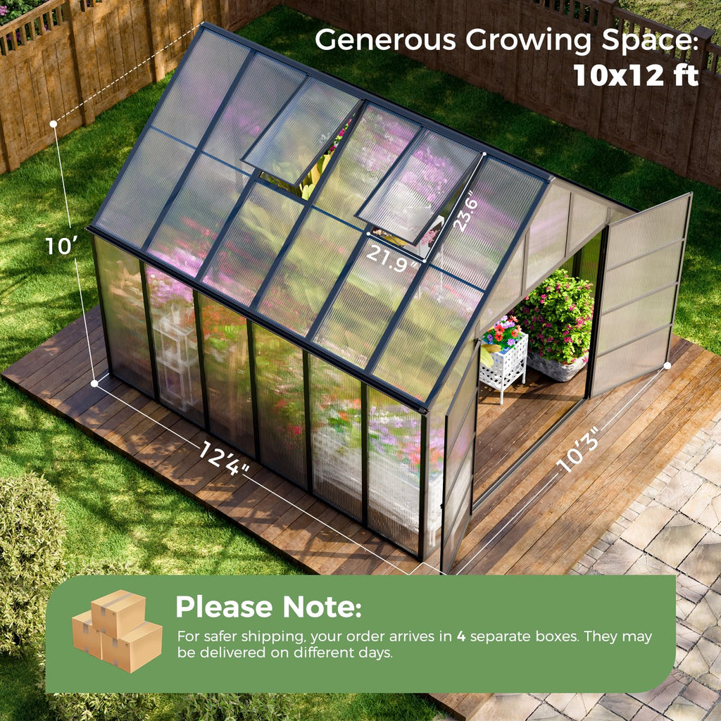 12x10x10 FT Polycarbonate Greenhouse with Aluminum Frame, Black
