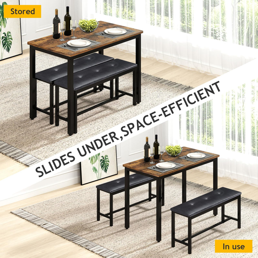 Dining Room Table Bench Set for 4, Modern Space Saving Kitchen Table with with 2 Upholstered Benches & Adjustable