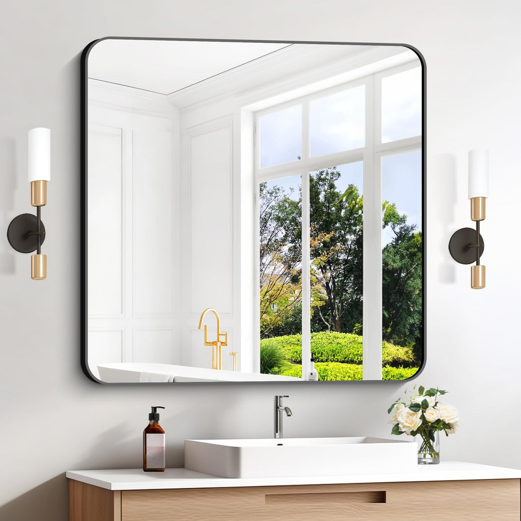 Black Bathroom Mirrors for Wall, 30"x30" Square Mirror, Rounded Corner Metal Frame Wall Mirror, Bathroom Vanity