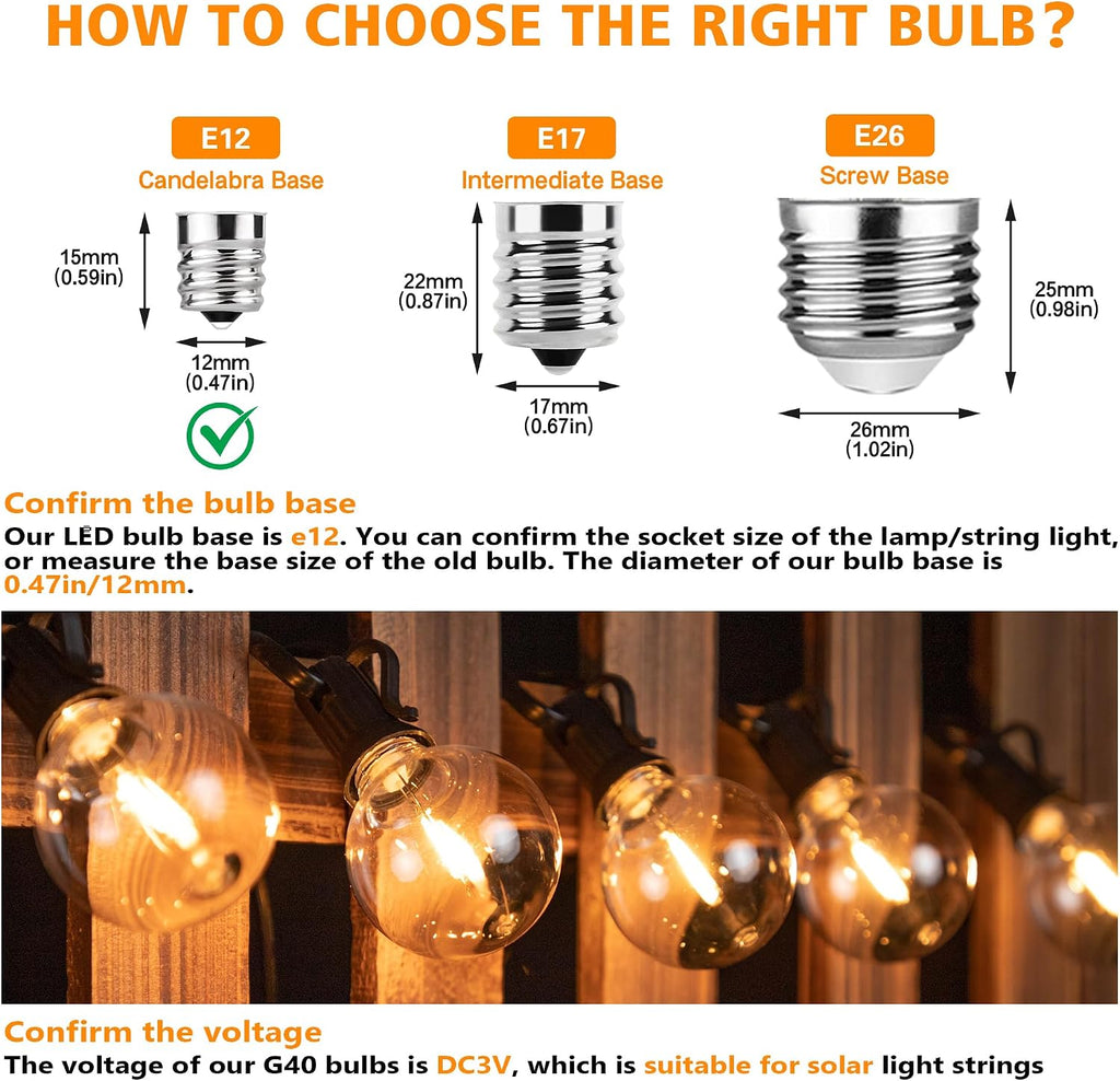 G40 LED Solar Replacement Bulbs,1W Equal to 5W,DC 3V E12 Screw Base Bulb