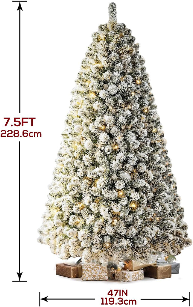7.5 FT Pre-lit Snow Flocked Christmas Tree, Artificial Spruce Christmas Tree 1100 PVC Branch Tips 350 Warm White