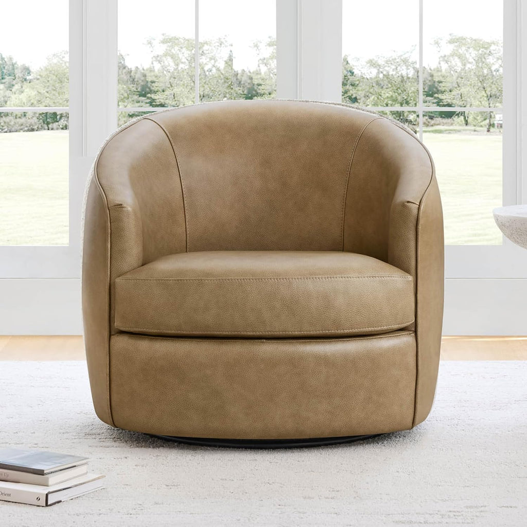 Genuine Leather Swivel Barrel Accent Chair, Fully Assembled, Mocha