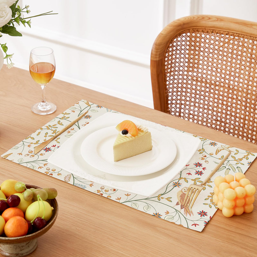 Boho Table Placemats Set of 6, 12"x18" Linen Place Mats, Forest Birds