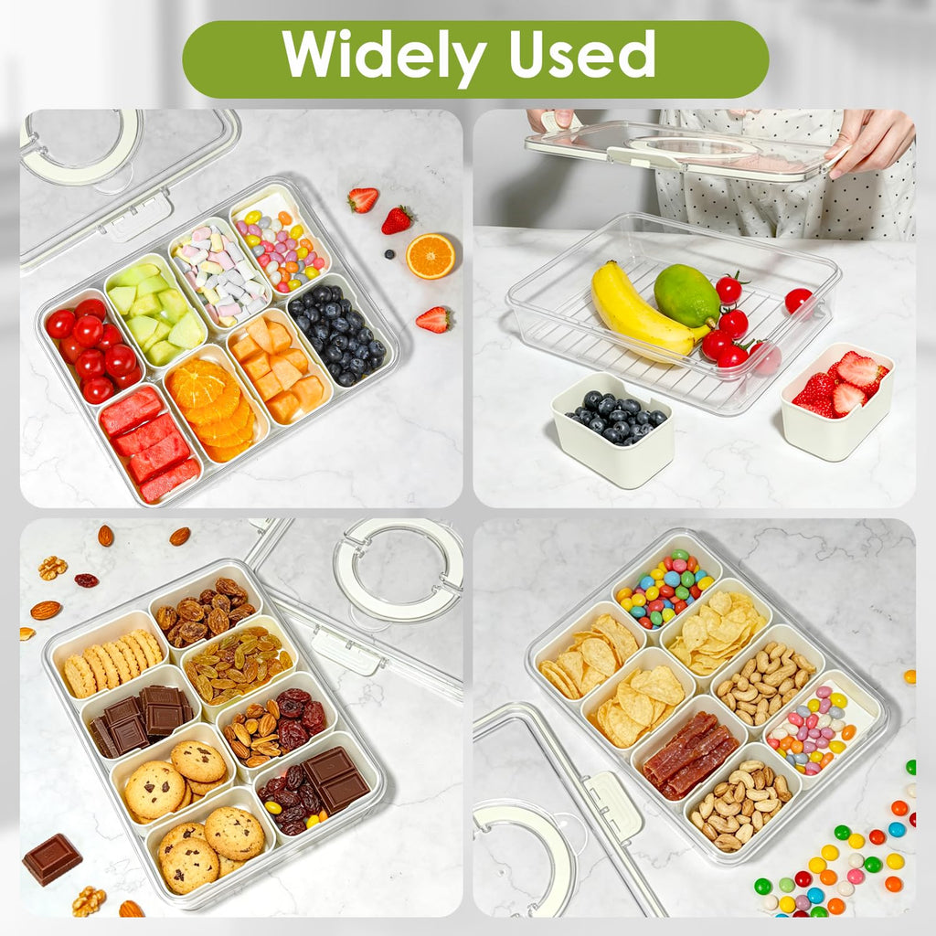 Divided Serving Tray with Lid and Handle, 8 Compartment Snack Box, Portable Snack Platter for Fruits, Veggies, Nuts