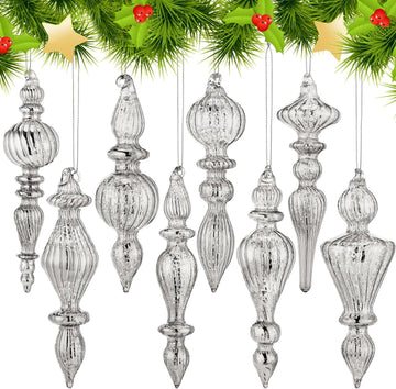 Inch Mercury Glass Finial Christmas Ornaments, Silver - Set of 8
