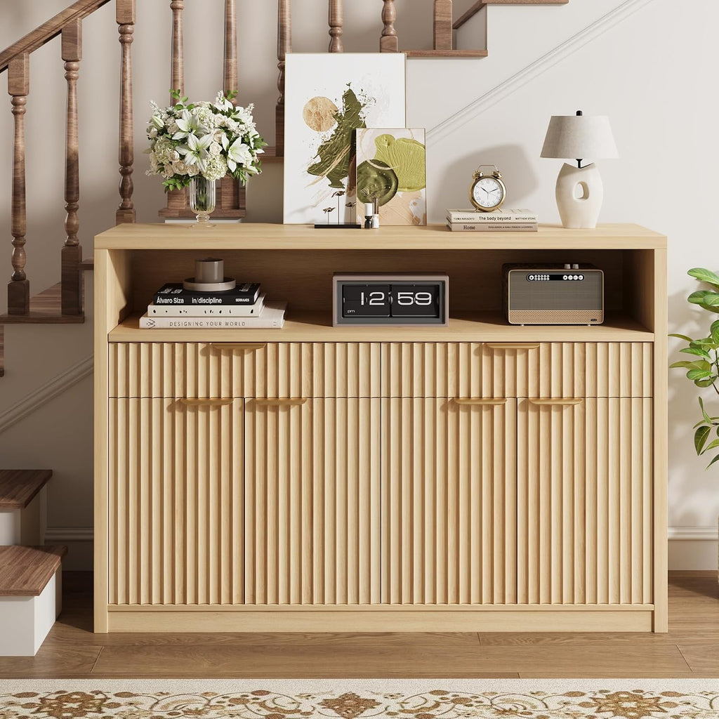 51" Buffet Sideboard Cabinet, Modern Hutch Storage Cabinets Natural | Fluted Pantry with Doors, Drawers & Open