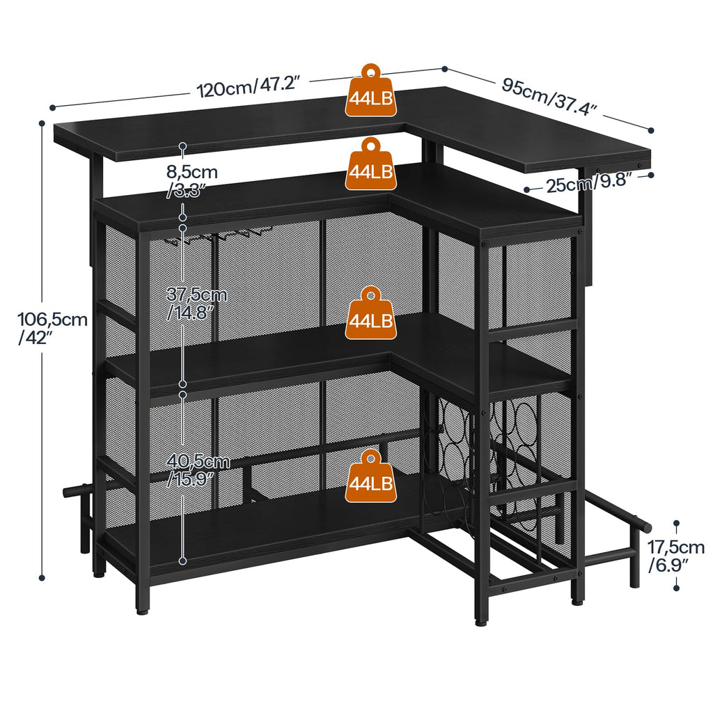 Bar Unit, L-Shaped Bar Table with Glasses Holder & 4-Tier Shelves, Corner Mini Liquor Cabinet with Footrest &
