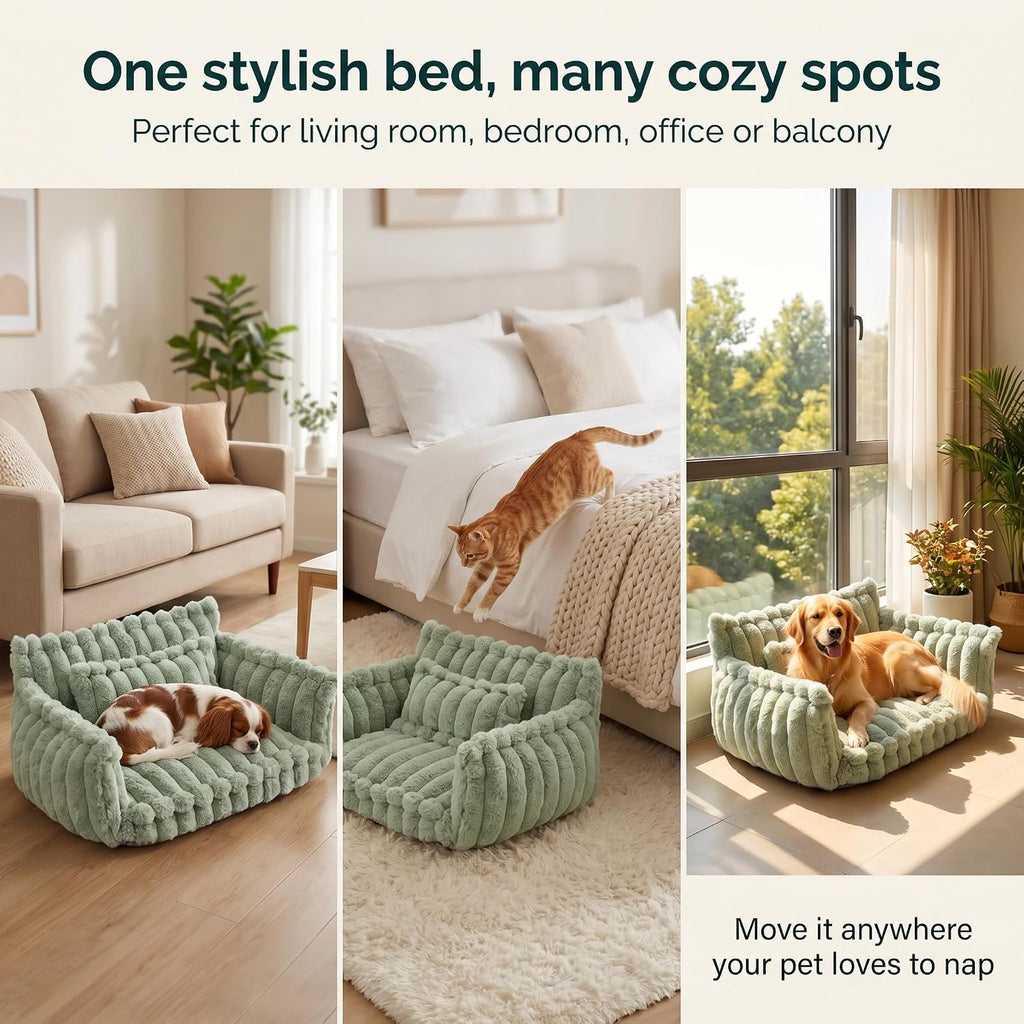 Fluffy Pet Couch Bed for Cats & Small Dogs, 3-Sided Bolster Calming Dog Sofa with Ultra-Soft Long Faux Fur, Removable