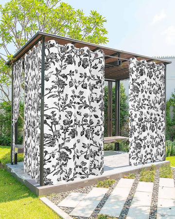 Outdoor Curtains Waterproof, Vintage Black Floral Farmhouse Flower Pastoral Style Grommet Weatherproof Privacy