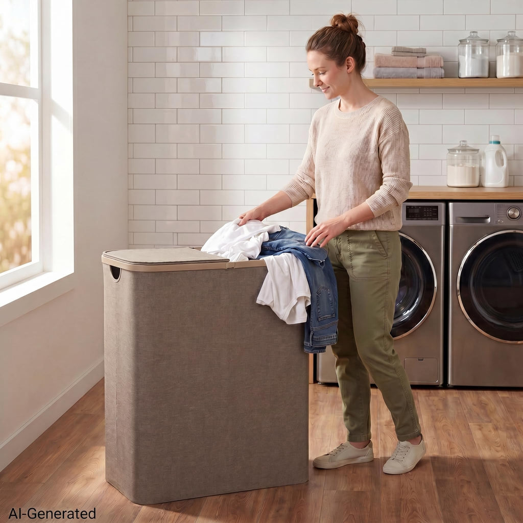 160L Double Laundry Basket Hamper with Lid & Removable Bags, Khaki