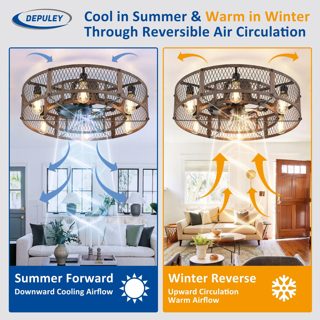 Flush Mount Ceiling Fan: 26" Caged Ceiling Fans with Lights and Remote Control Bedroom Farmhouse - Rustic Low Profile