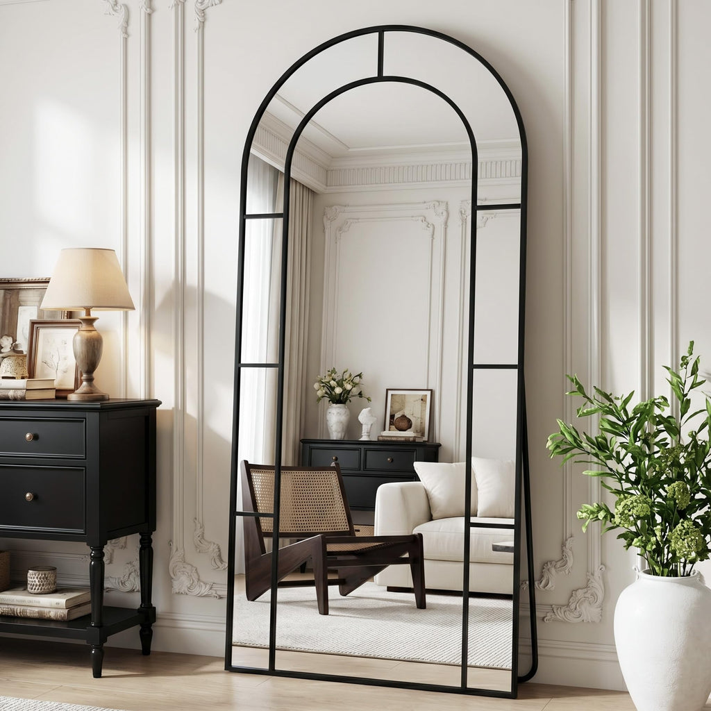 71" x 32" Arched Full Length Floor Mirror, Farmhouse Window Pane Mirror with Metal Frame, Decorative Leaning or Wall