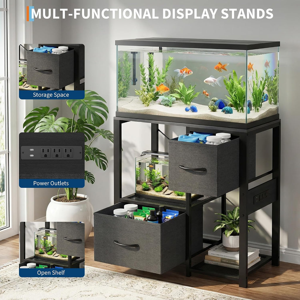 20-29 Gallon Fish Tank Stand with Power Outlets, Heavy Duty Metal and Wood Aquarium Stand with 2 Drawer and Sturdy