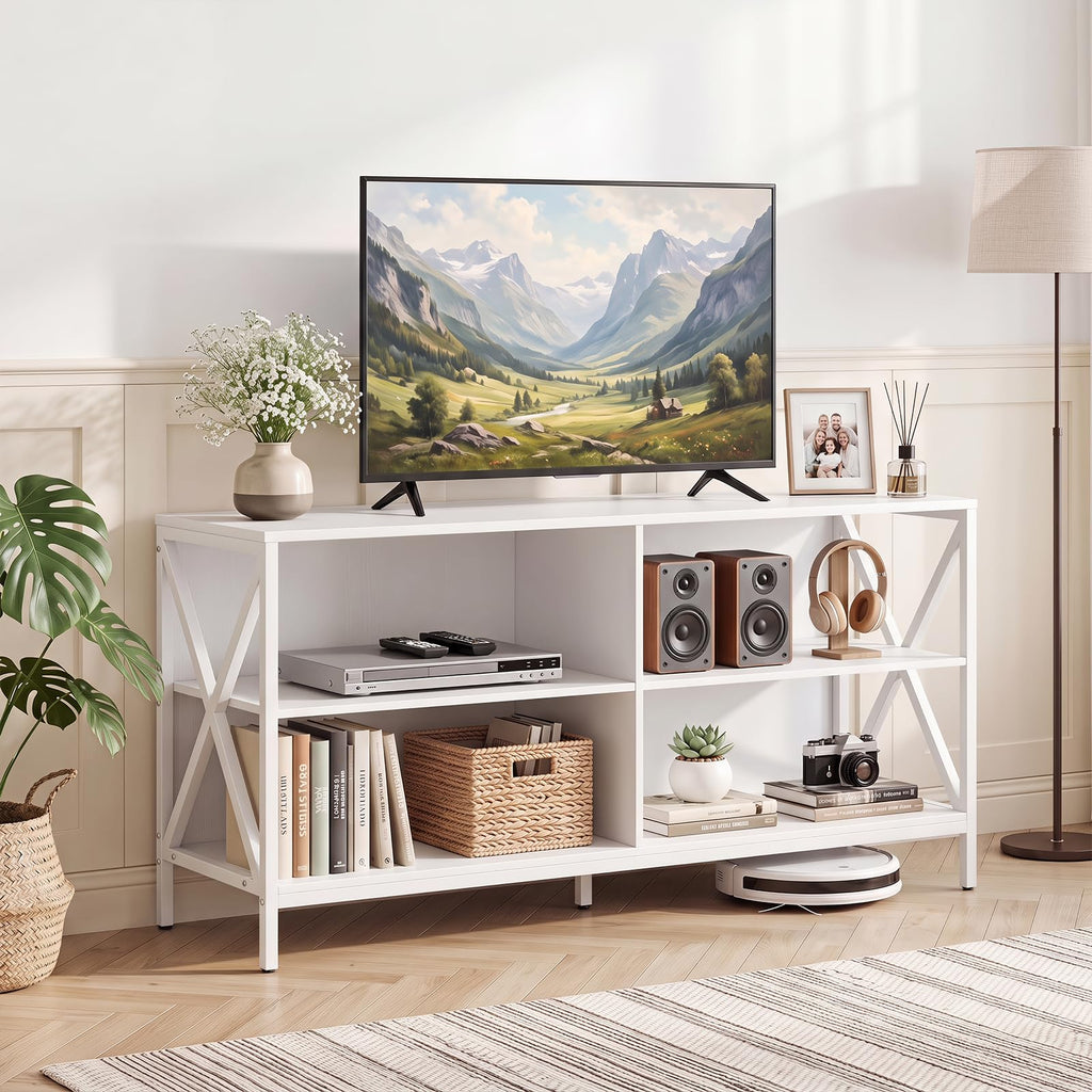 TV Stand for TVs up to 55 Inches, 47" Farmhouse Entertainment Center with 4 Open Shelves & Built-in Cable Holes, TV