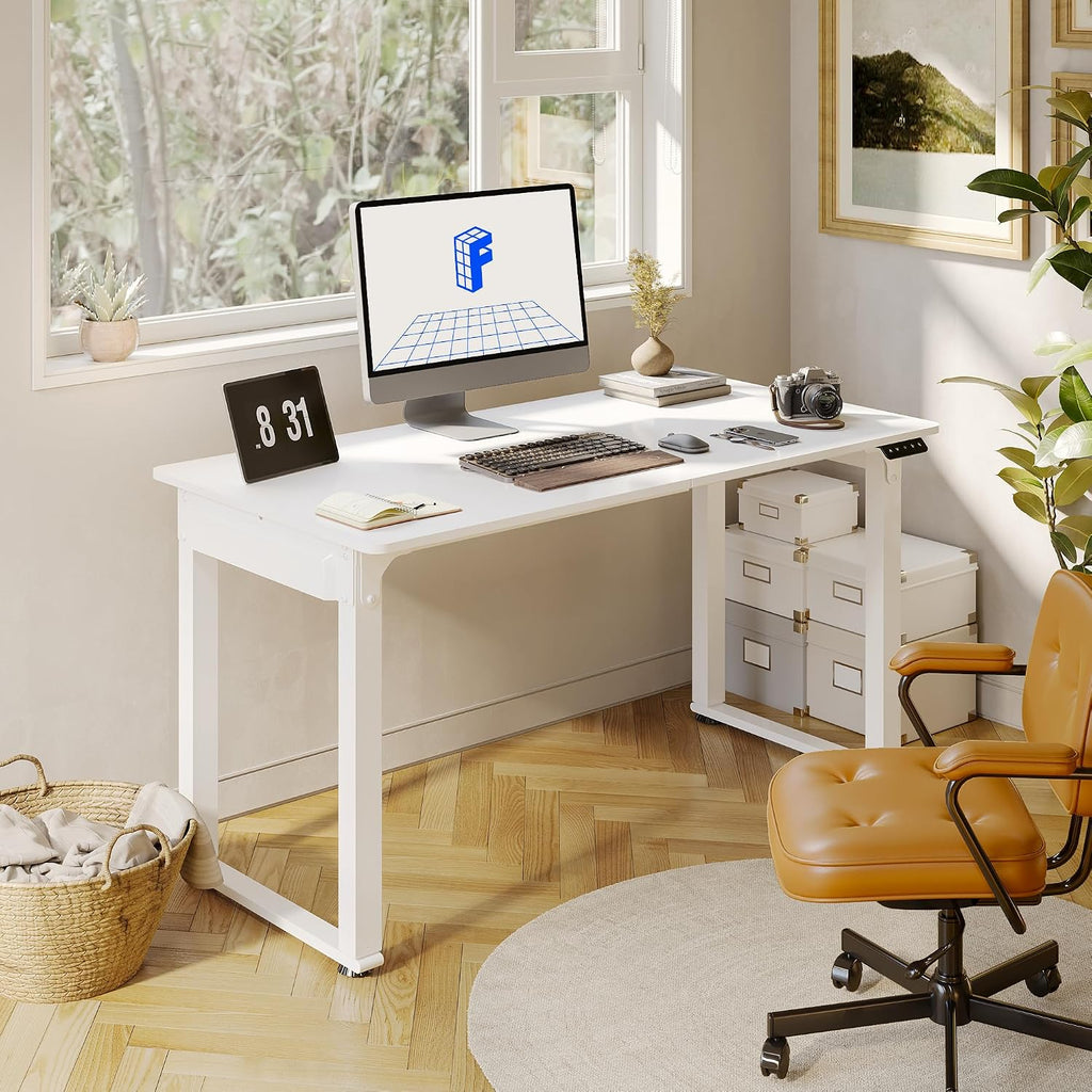 4-Leg Standing Desk, 55"x28", Electric Height Adjustable, White | Stable 4-Leg Frame, Spacious Workspace, Memory LED