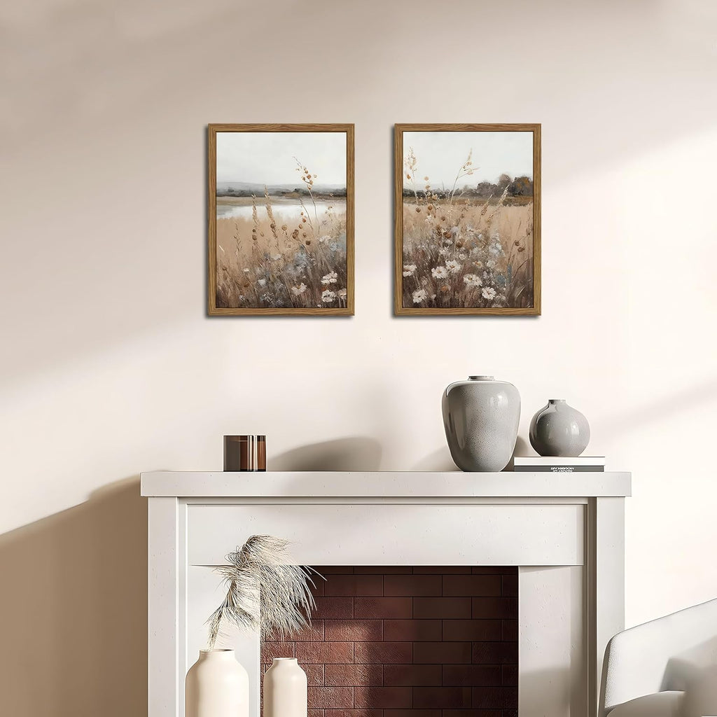 Framed Vintage Wildflower Wall Art Set of 2, Retro Country Floral Canvas Wall Decor Paintings, Farmhouse Field