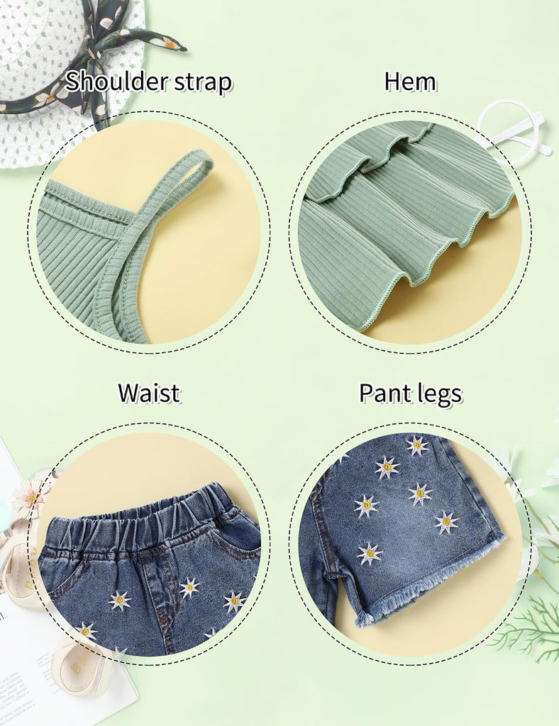 Toddler Girl Clothes Ruffle Daisy Sleeveless Tank Tops and Denim Shorts Girls Summer Outfits
