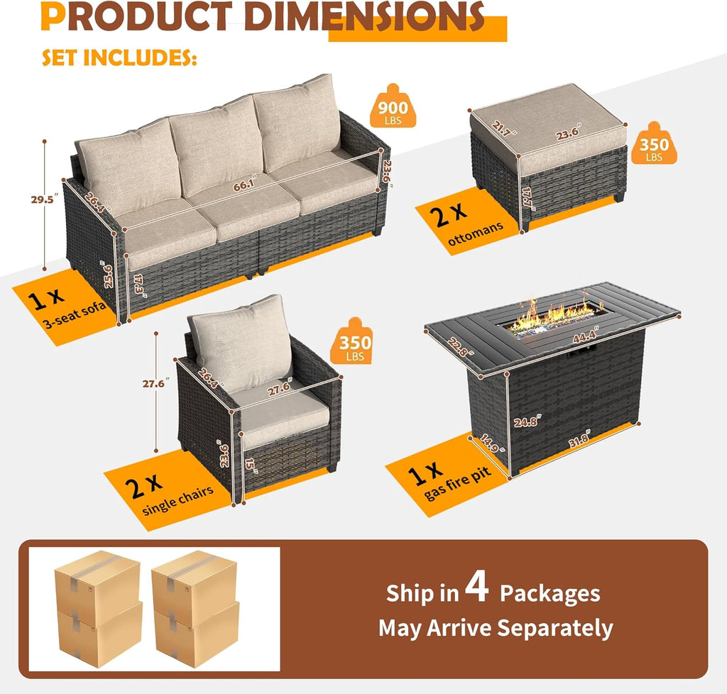 Patio Furniture Set with 44" Fire Pit Table, 6 Pieces Outdoor Sectional Conversation Sets