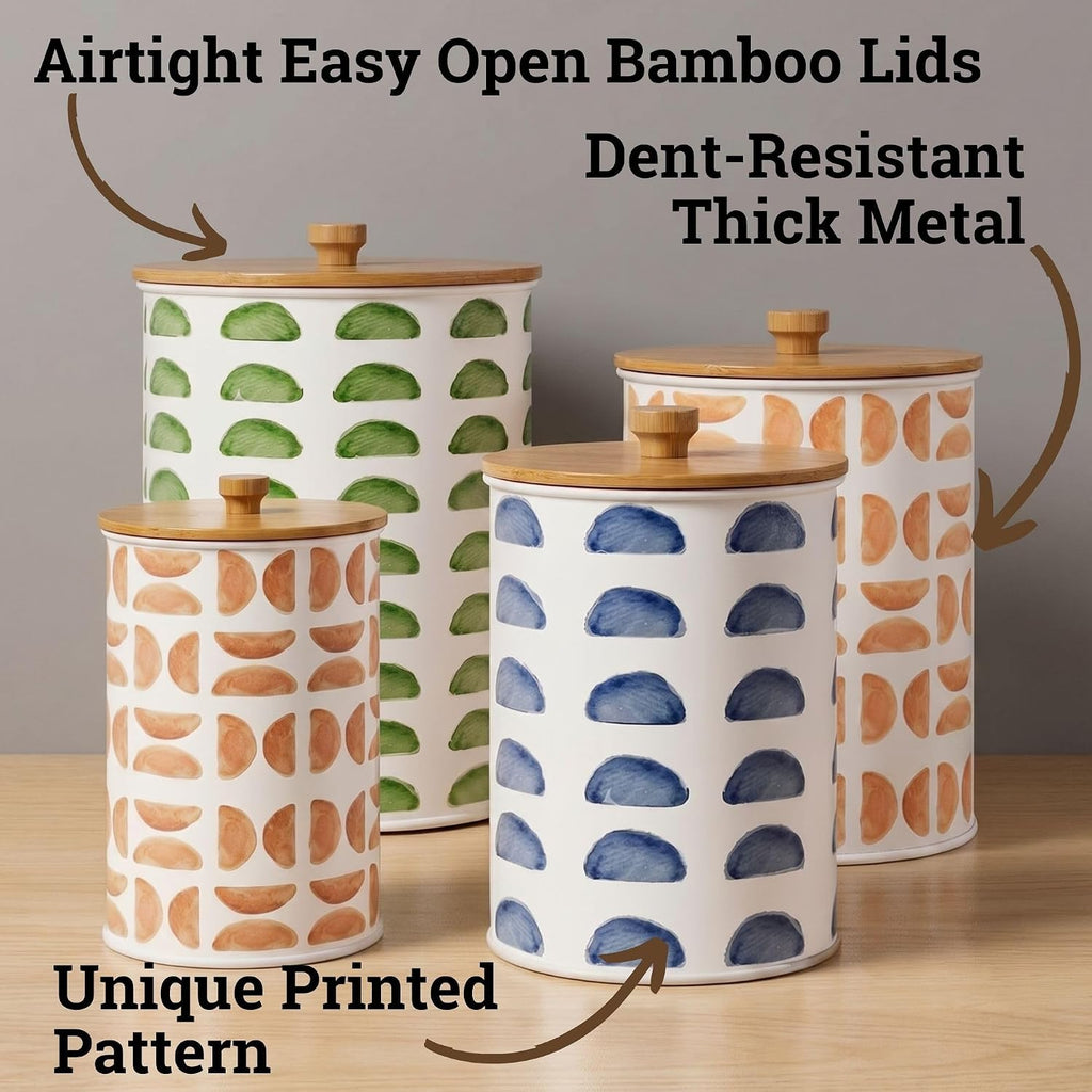 Kitchen Canisters for Countertop, Patterned Iron w/ Airtight Lids - Set of 4