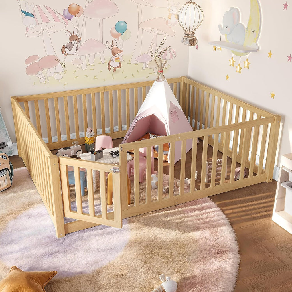 Full Size Kids Montessori Floor Bed with Door,Solid Wood Floor Bed Frame with High Fence for Girls,Boys,Natural