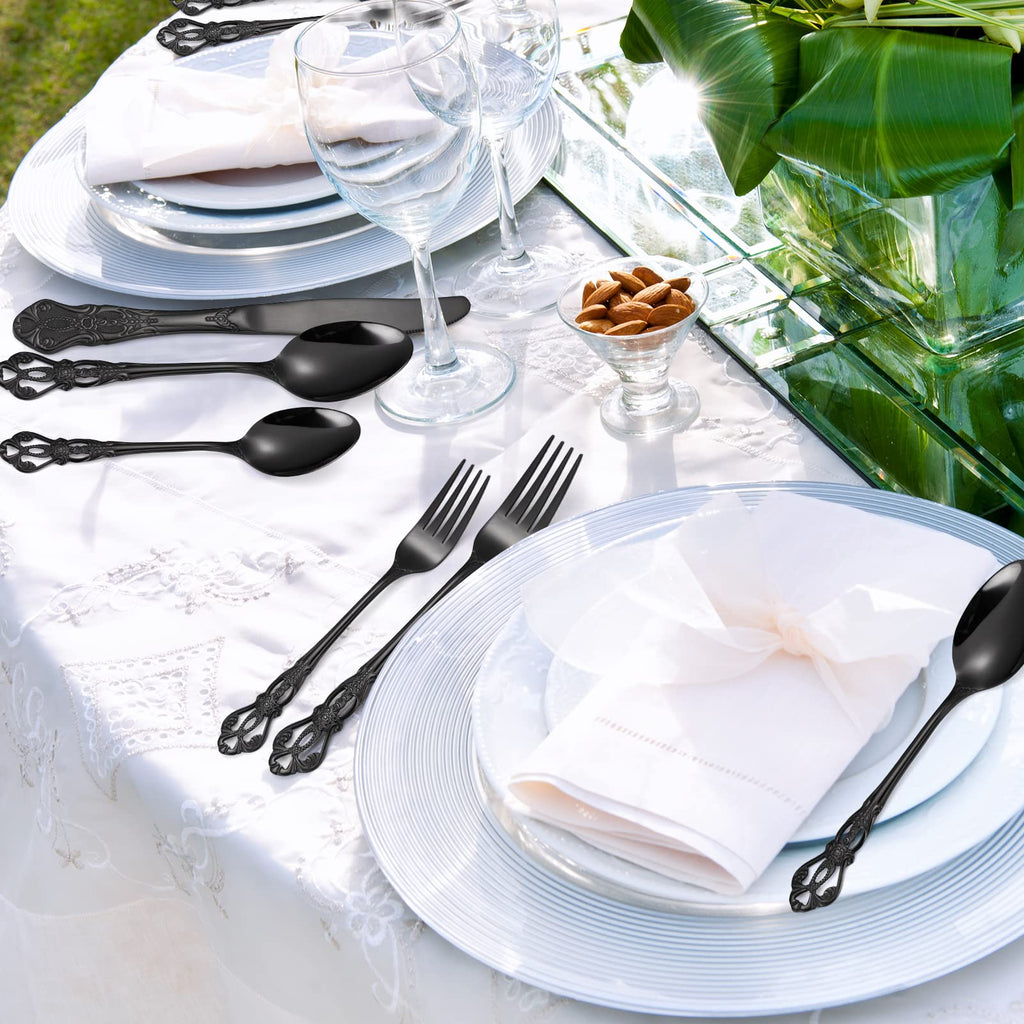 Black Silverware Royal Flatware Set for 4 Stainless Steel Cutlery Retro Antique Kitchen Utenisl with Flower Design