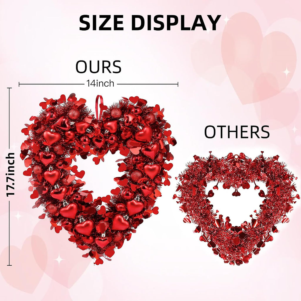 17.7" Heart Shaped Wreath Valentine's Day Red Heart Wreath for Front Door Wedding Party Anniversary Wall Decor Gift