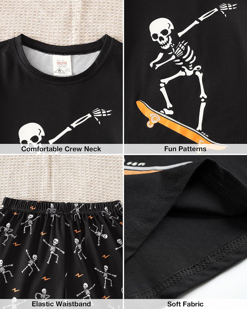 Boys Pajamas Sets Glow in Dark Summer Short Sleeve Sleepwear Skull Kids Pjs