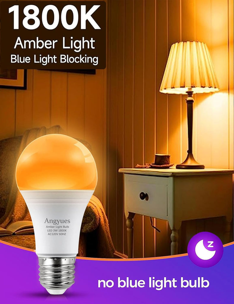 Amber Sleep Light Bulbs, Blue Light Blocking, A19 3W(25 Watt Equivalent) Dim Light Bulbs for Lamp,1800K Warm Light
