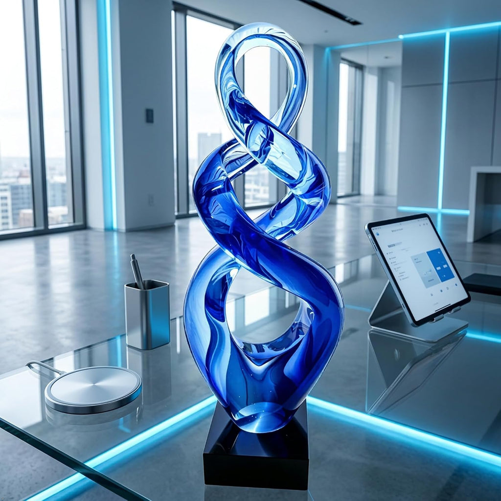Hand Blown Murano Style Glass Sculpture - Abstract Twist Infinity Modern Glass Artwork, Blue Glass Decor, Entryway - Set of 50