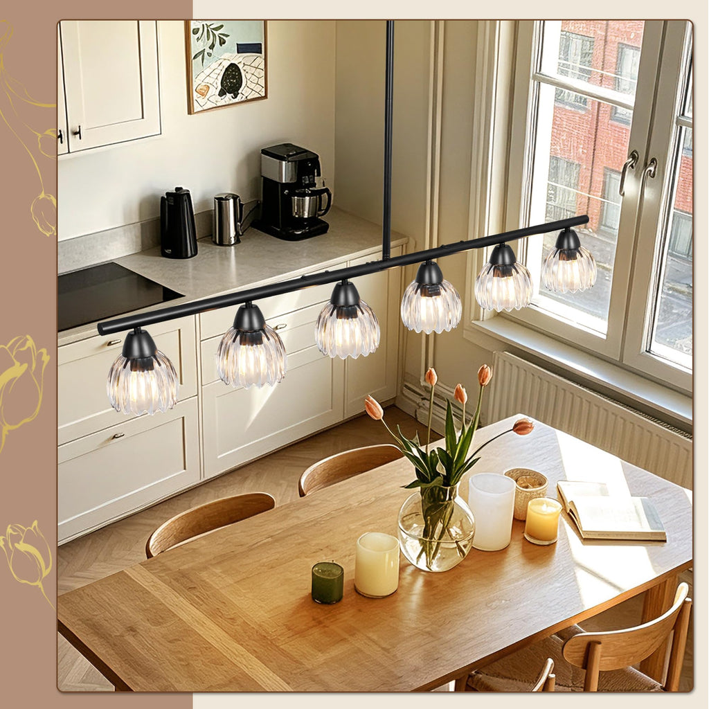 Black Linear Chandelier 6 Lights Island Lights with Clear Flower Shade
