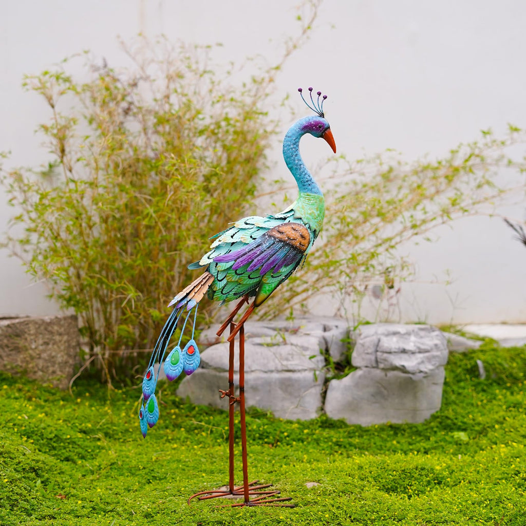 Peacock Metal Garden Statue: Large Colorful Bird Sculptures