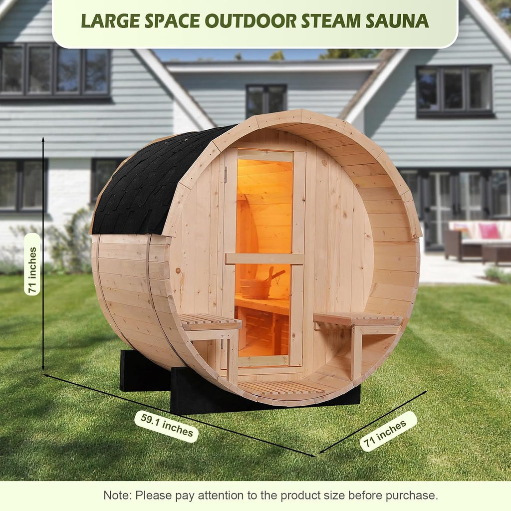 Outdoor Barrel Steam Sauna, 2-4 Person Canadian Pine Wood Saunas with Porch, Traditional Finnish Sauna Spa Room with