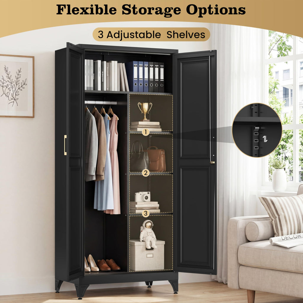 71" Metal Armoire Wardrobe Closet with Doors & Lock, Black