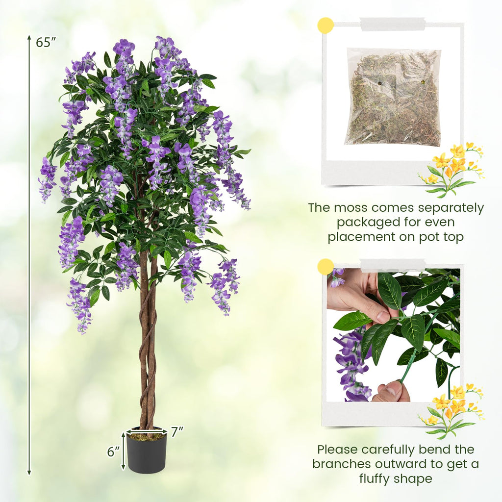 5.5FT Ficus Artificial Tree, 2 Pack Faux Wisteria Tree Pot with Blooming Flowers, Fake Potted Tree Greenery Floor