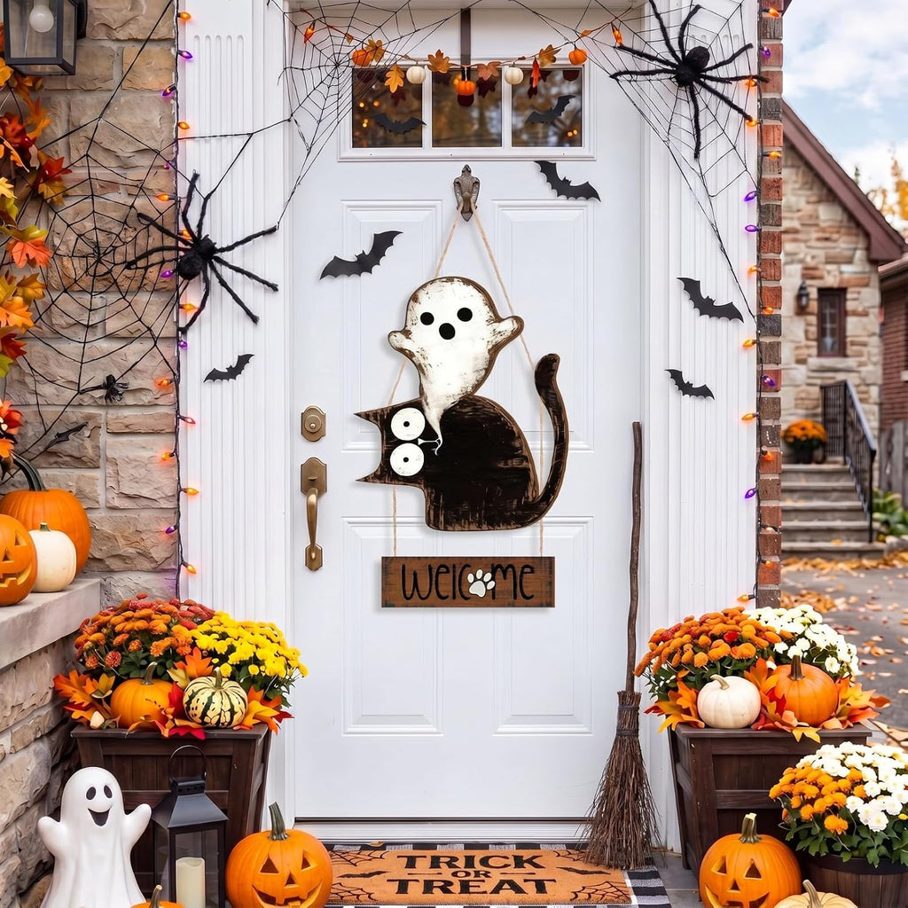 Halloween Door Decorations Cat Ghost Halloween Front Door Sign Hanger Wreath Rustic Wooden Welcome Hanging Sign Porch